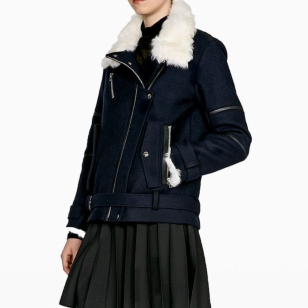 IRO Dansty Navy Wool Blend Shearling Jacket Size 40 / US 8